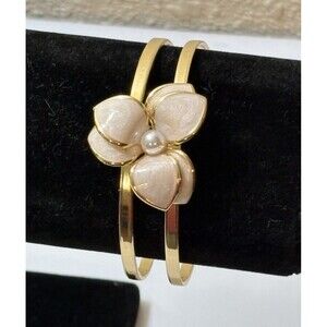 Gold-tone Open Cuff Bangle Pink Enamel Flower With Faux Pearl